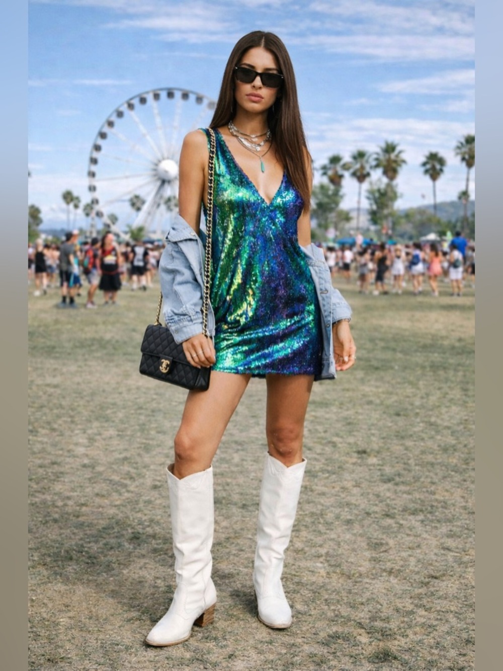 Free People mermaid Green-Blue Sequin V-Neck Mini Dress festival outfits‎